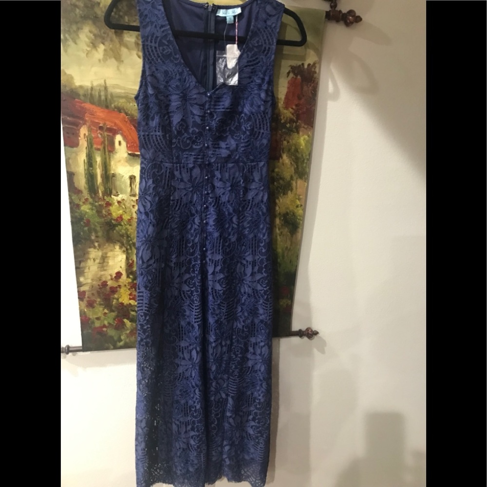 She + Sky Navy Blue Lace Maxi Sleeveless Dress NWT
